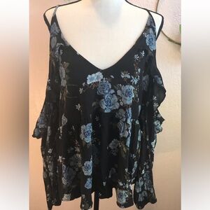 American Eagle Black Blue Floral Long Sleeve Cold Shoulder  Top